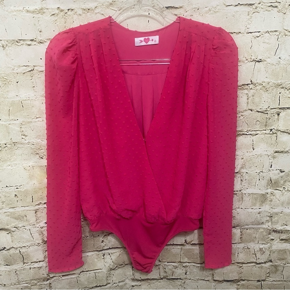 Buddy Love Pink Swiss Dot Faux Wrap Bodysuit